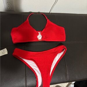 Red Textured Bikini Set